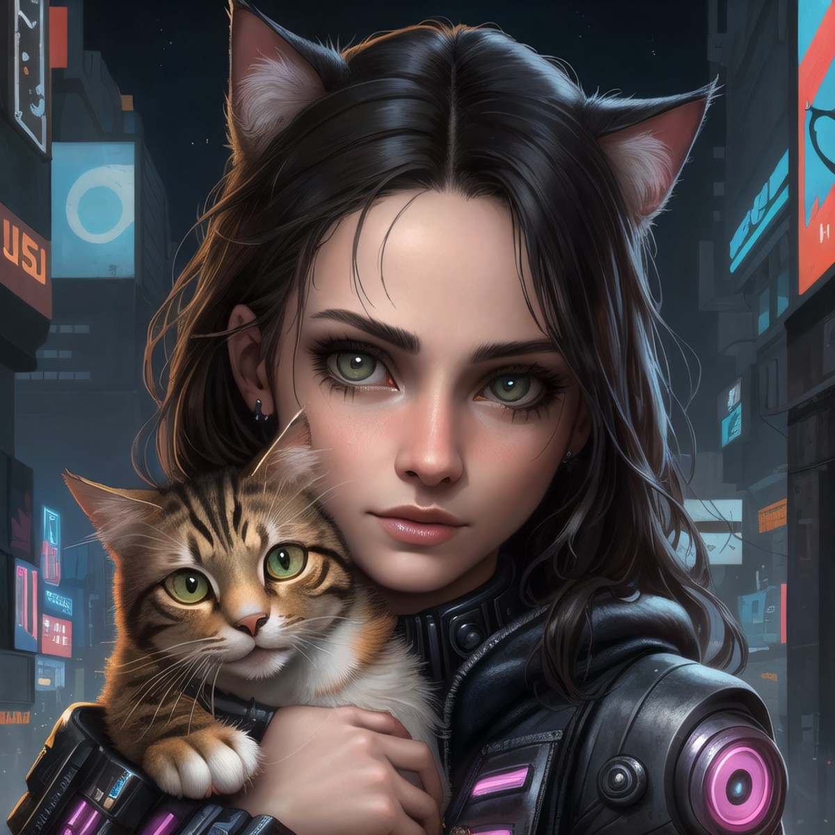close-up, a girl holding a cat, midnight, cyberpunk city, perfection, beautiful, masterpiece, muchRealisticV0_4